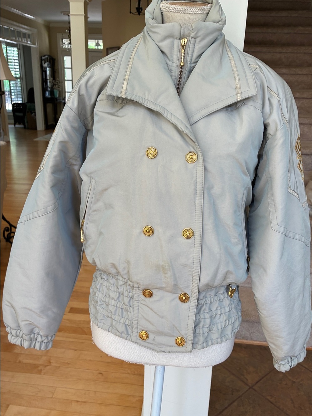 Fera Vintage Light Gray/Khaki Ski Bomber Jacket with Logo & Gold Buttons
